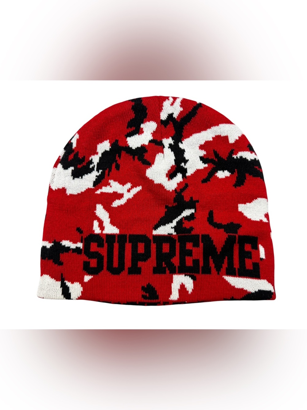Supreme Reversible Camo Beanie Red FW26 Logo Knit Hat NWT One Size